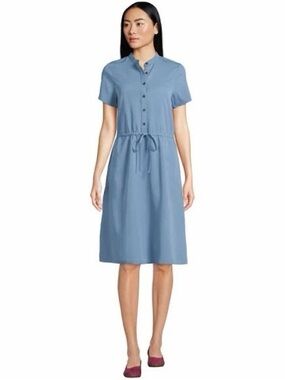 Lands' End Chambray Shirt Short Sleeve Midi Button Up Drawstring Dress in Blue